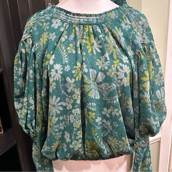 Free People Green Floral Peasant Blouse Balloon Sleeve Boho Top – Size XS - Picture 3 of 9